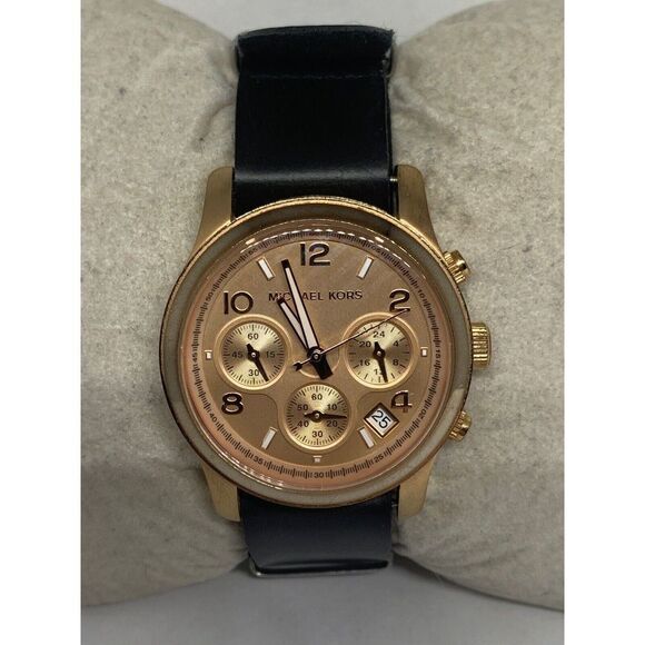 Michael Kors MK5128 Women Black Leather Analog Rose Gold Dial Quartz Watch Aa498 - Picture 2 of 11
